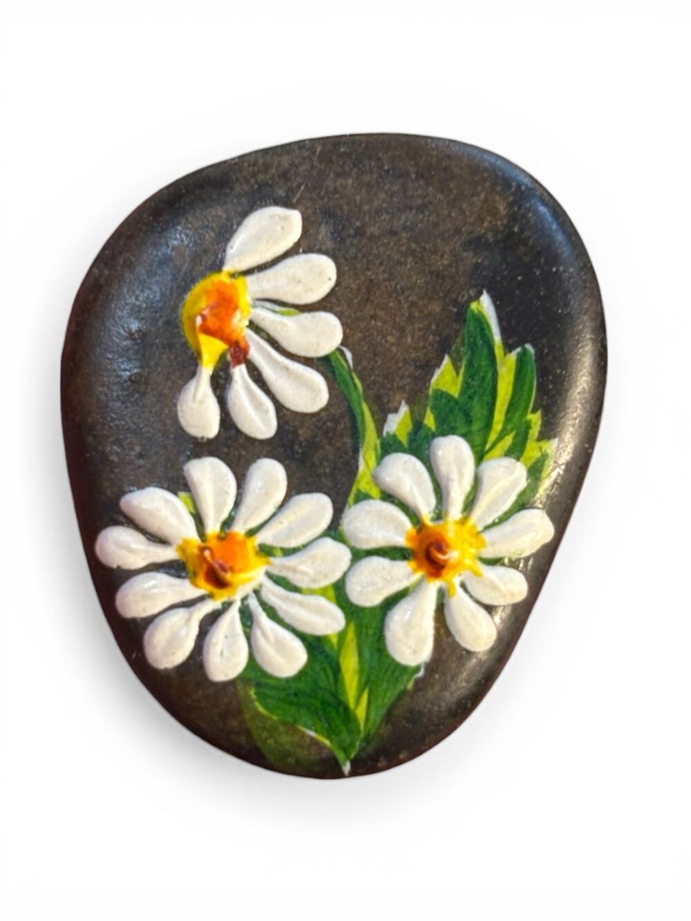 Vintage Hand Painted Daisy Stone Brooch Folk Art Floral Pebble Pin Cottagecore